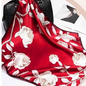 Red Floral Silk Scarf 27.5” NWT